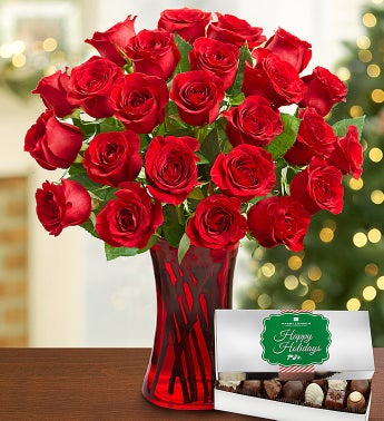 Festive Red Roses, 24 Stems with Chocolate