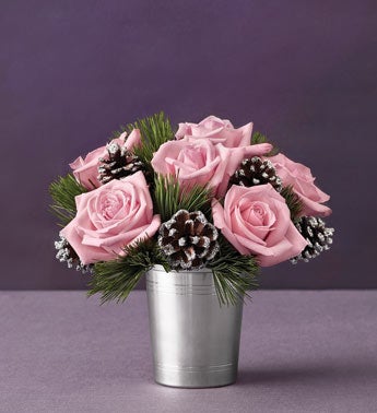 pink roses in silver julep cup
