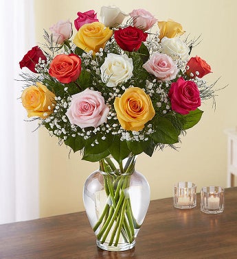 one dozen multicolored roses in glass vase