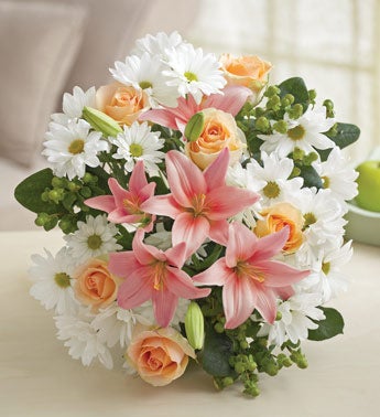 april roses, lilies, daisy poms, spring