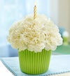 white carnations in reusable cupcake cup