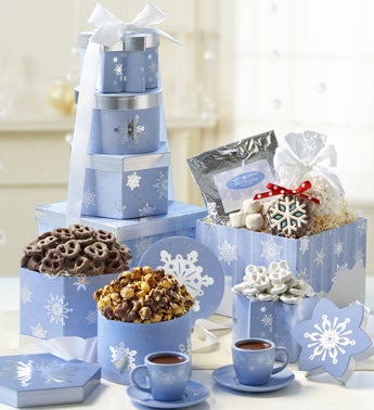 4-tier tower of keepsake boxes with gourmet snacks