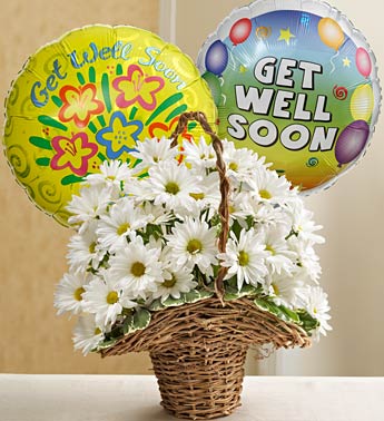 Basket of Daisies with Get Well Balloons